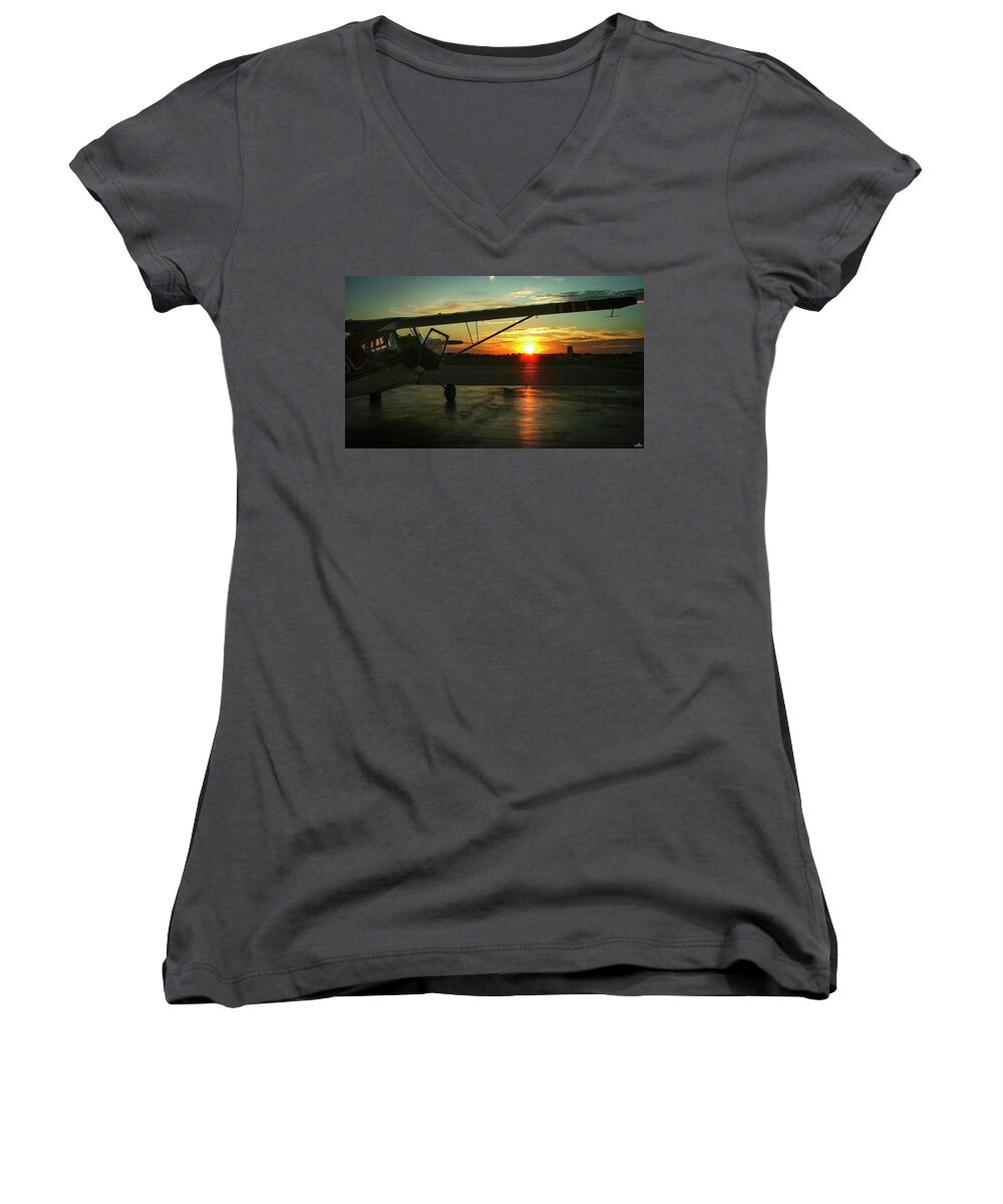 Citabria Women's V-Neck featuring the photograph Citabria Peeking out of the Hangar Door by Phil And Karen Rispin