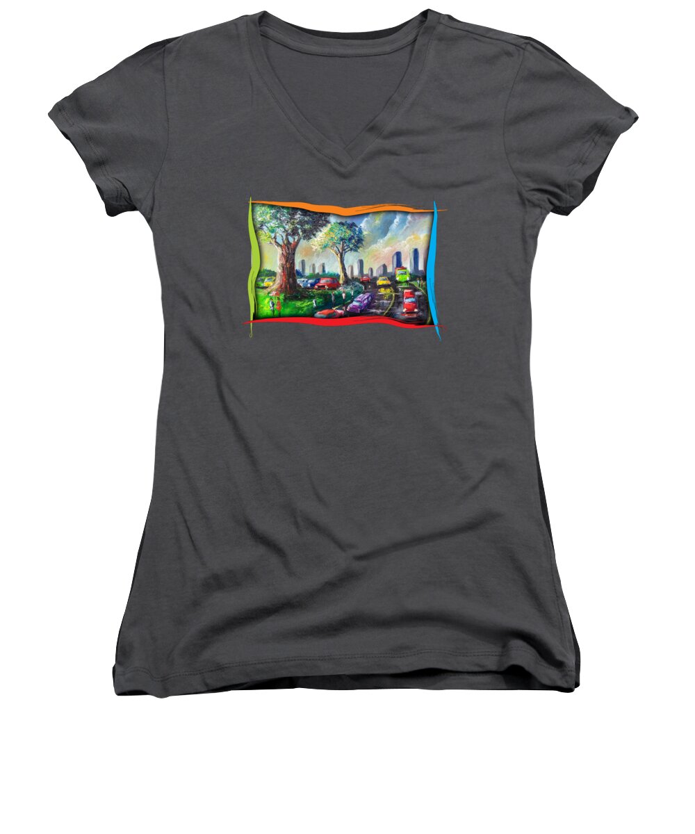 Nature Women's V-Neck featuring the painting City Life by Anthony Mwangi