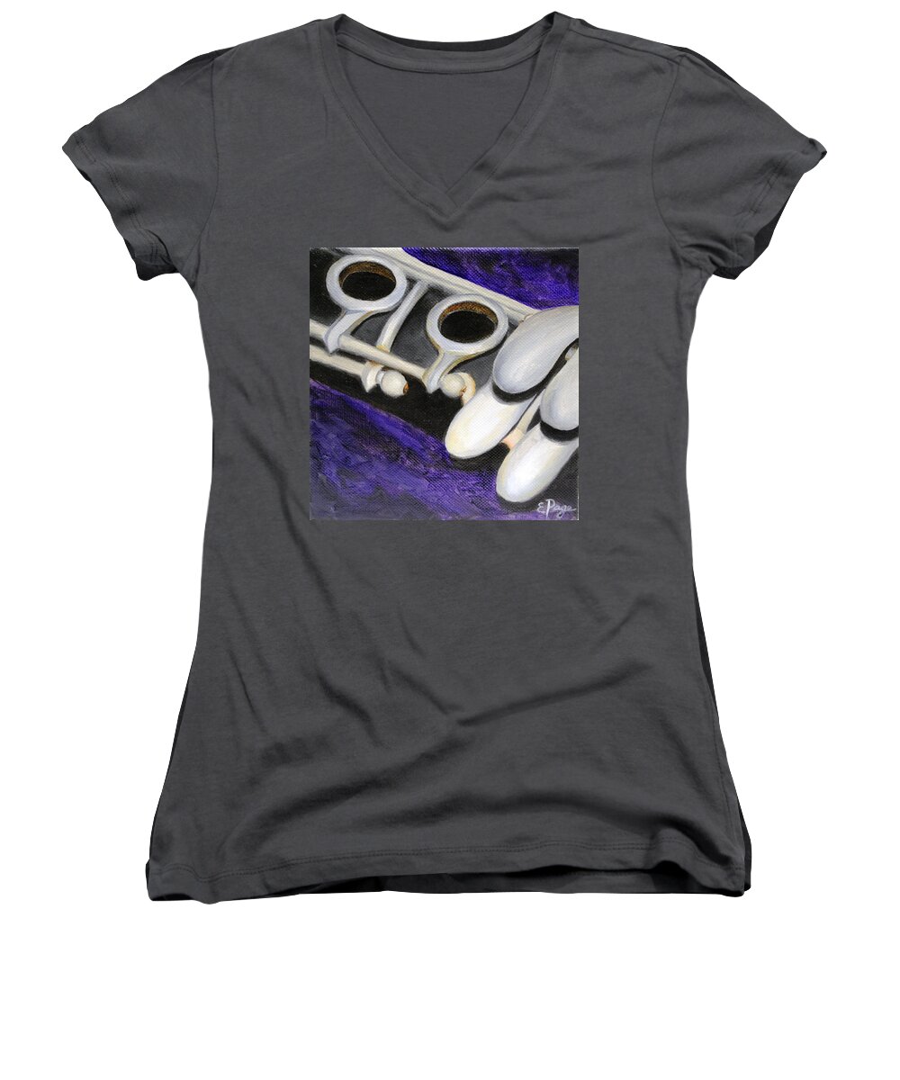 Realism Women's V-Neck featuring the painting Clarinet by Emily Page