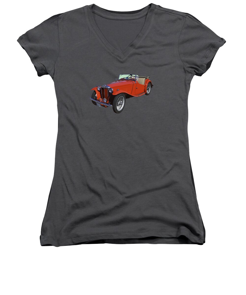 Mg Tc Women's V-Neck featuring the photograph Classic Red MG TC Convertible British Sports Car by Keith Webber Jr