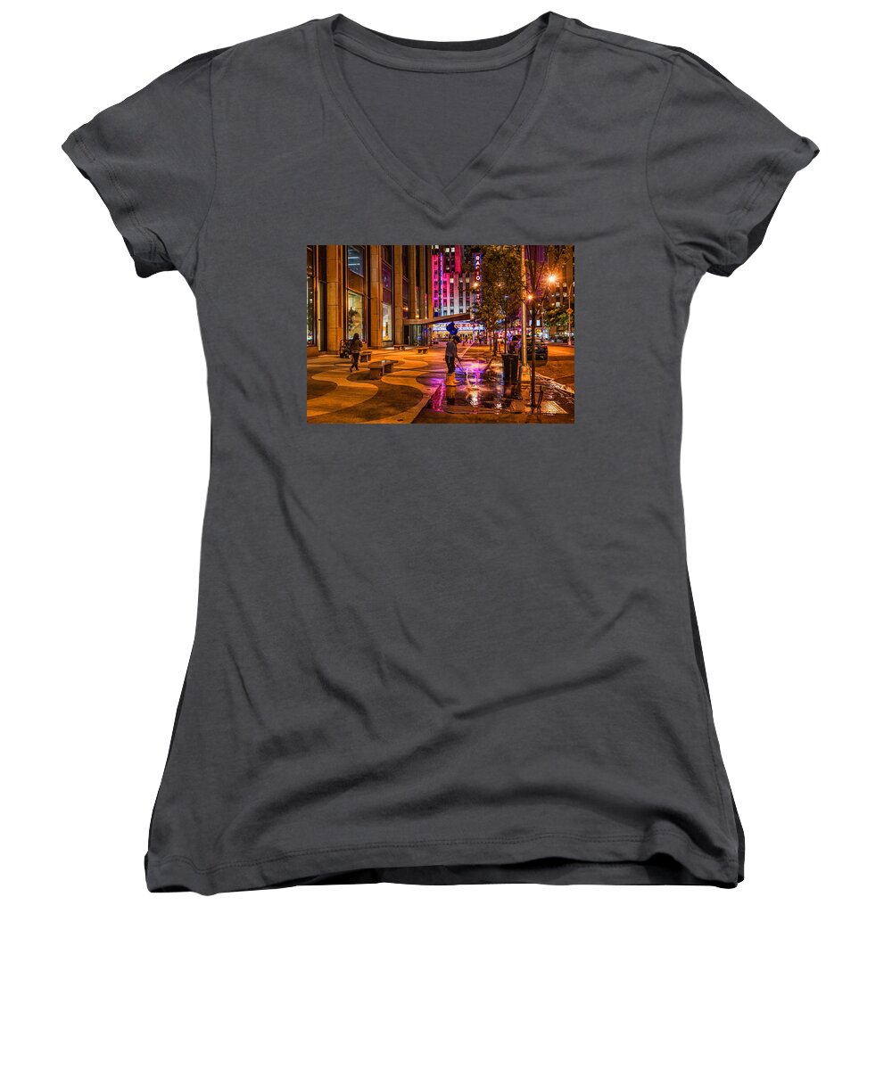 ' Nyc Women's V-Neck featuring the photograph Cleaning With Neon by Jeffrey Friedkin
