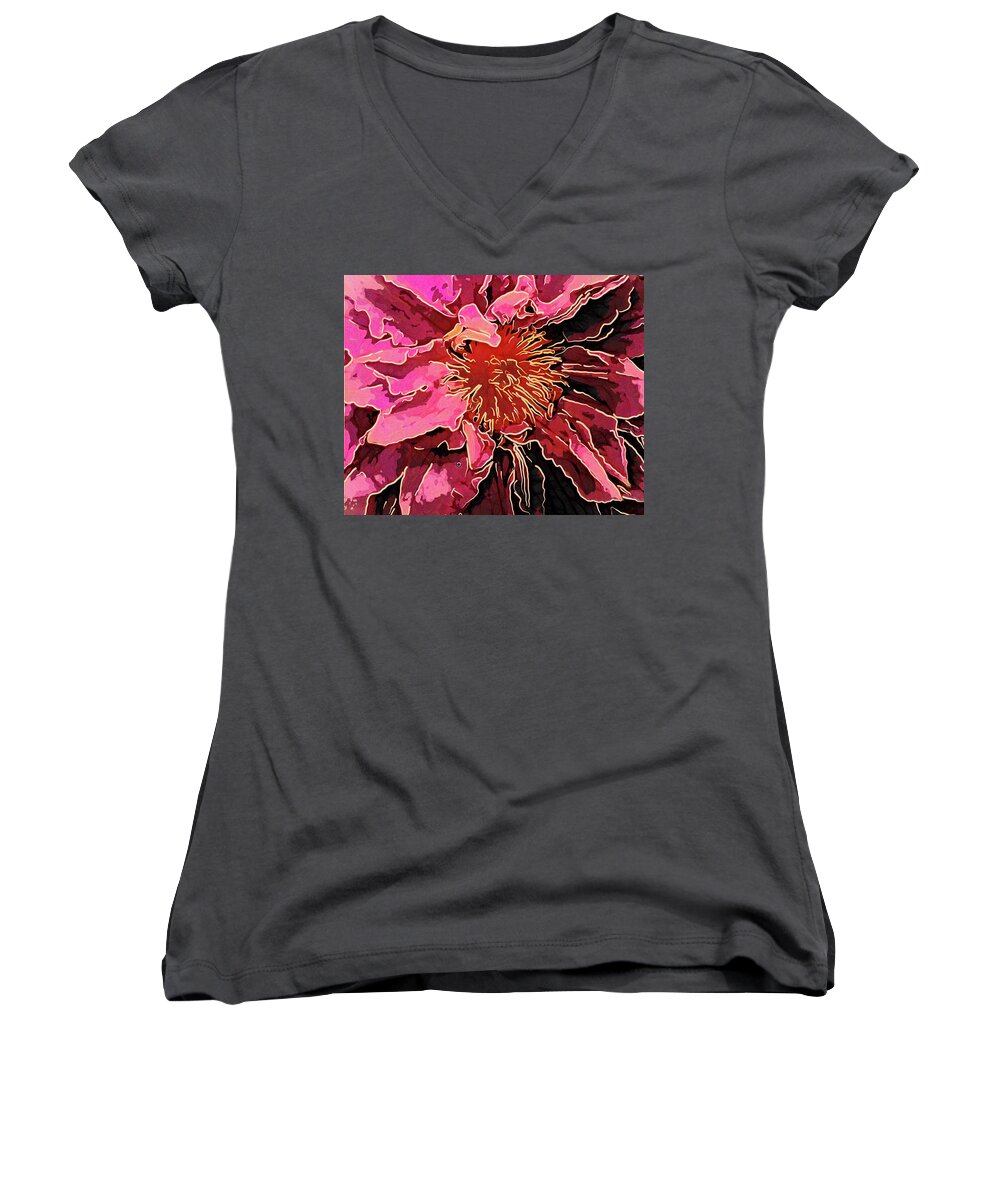 Flower Women's V-Neck featuring the digital art Clematis Up Close and Personal by Leslie Montgomery