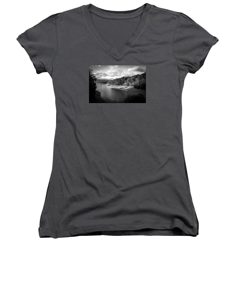 Kelly Hazel Women's V-Neck featuring the photograph Clouds Above the Nantahala River in NC by Kelly Hazel