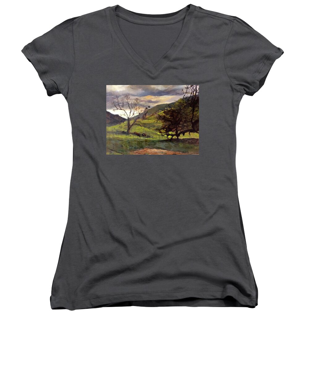 Cattle Gather Together As The Sky Darkens Women's V-Neck featuring the painting Clouds and cattle by Joyce Snyder
