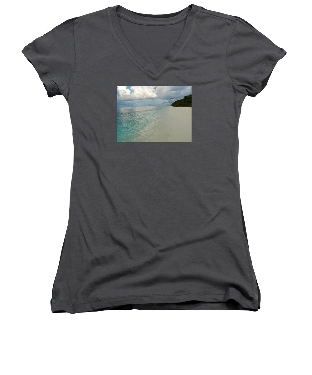 Maldives Women's V-Neck featuring the photograph Cloudy Beach by Tiffany Marchbanks