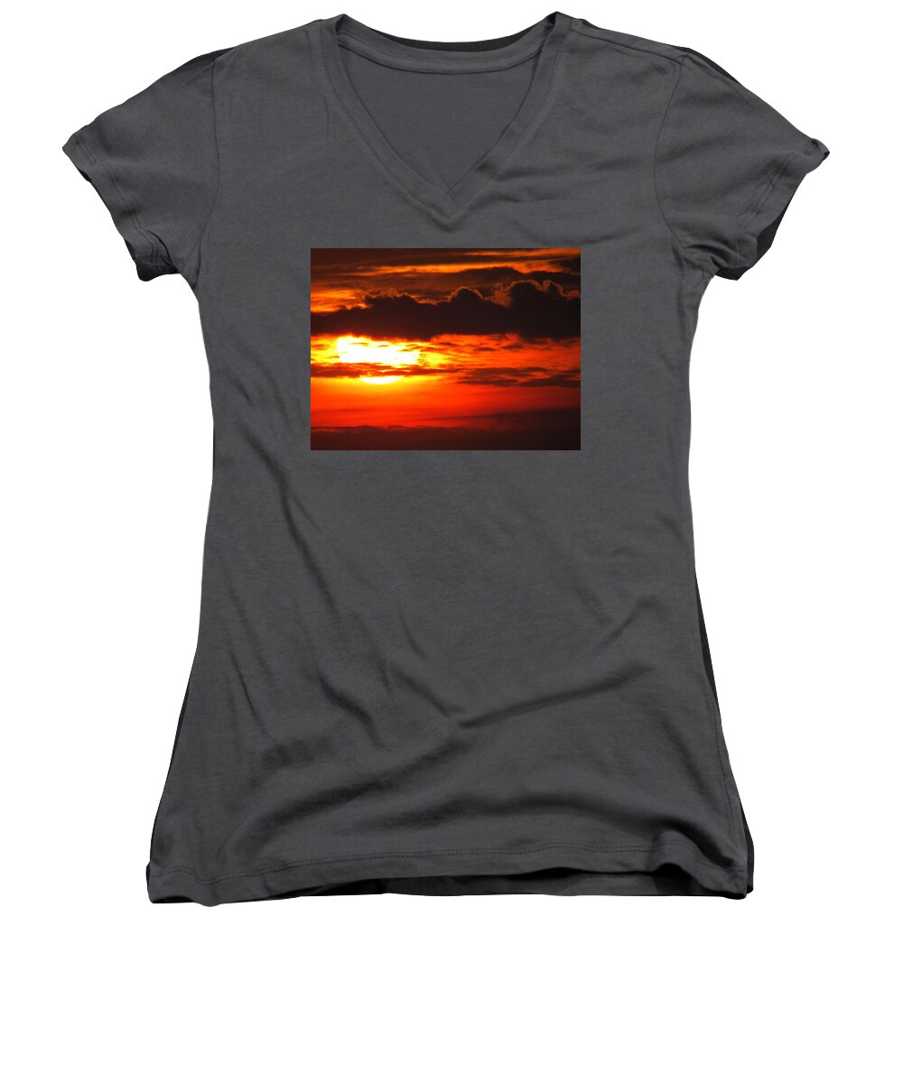 Cloudy Sunrise Women's V-Neck featuring the photograph Cloudy Sunrise by Suzanne DeGeorge