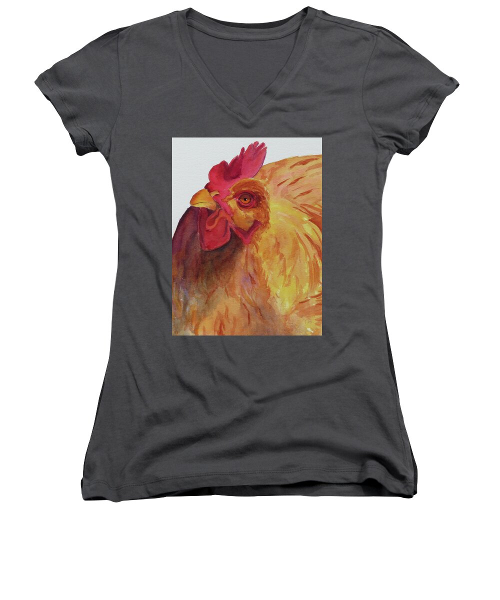 Rooster Women's V-Neck featuring the painting Cogburn by Judy Mercer