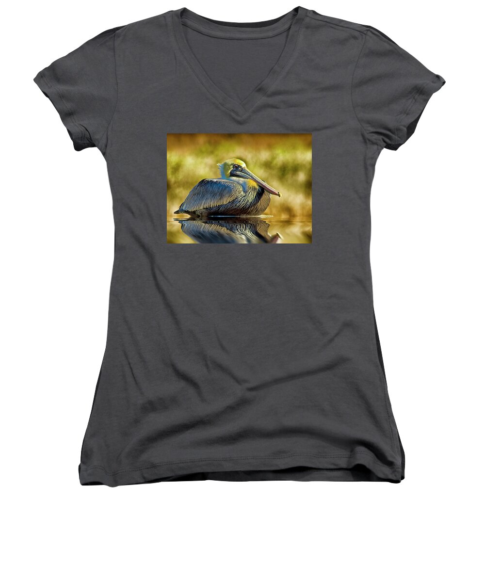 Pelican Women's V-Neck featuring the photograph Cold Brown Pelican by Bill Barber