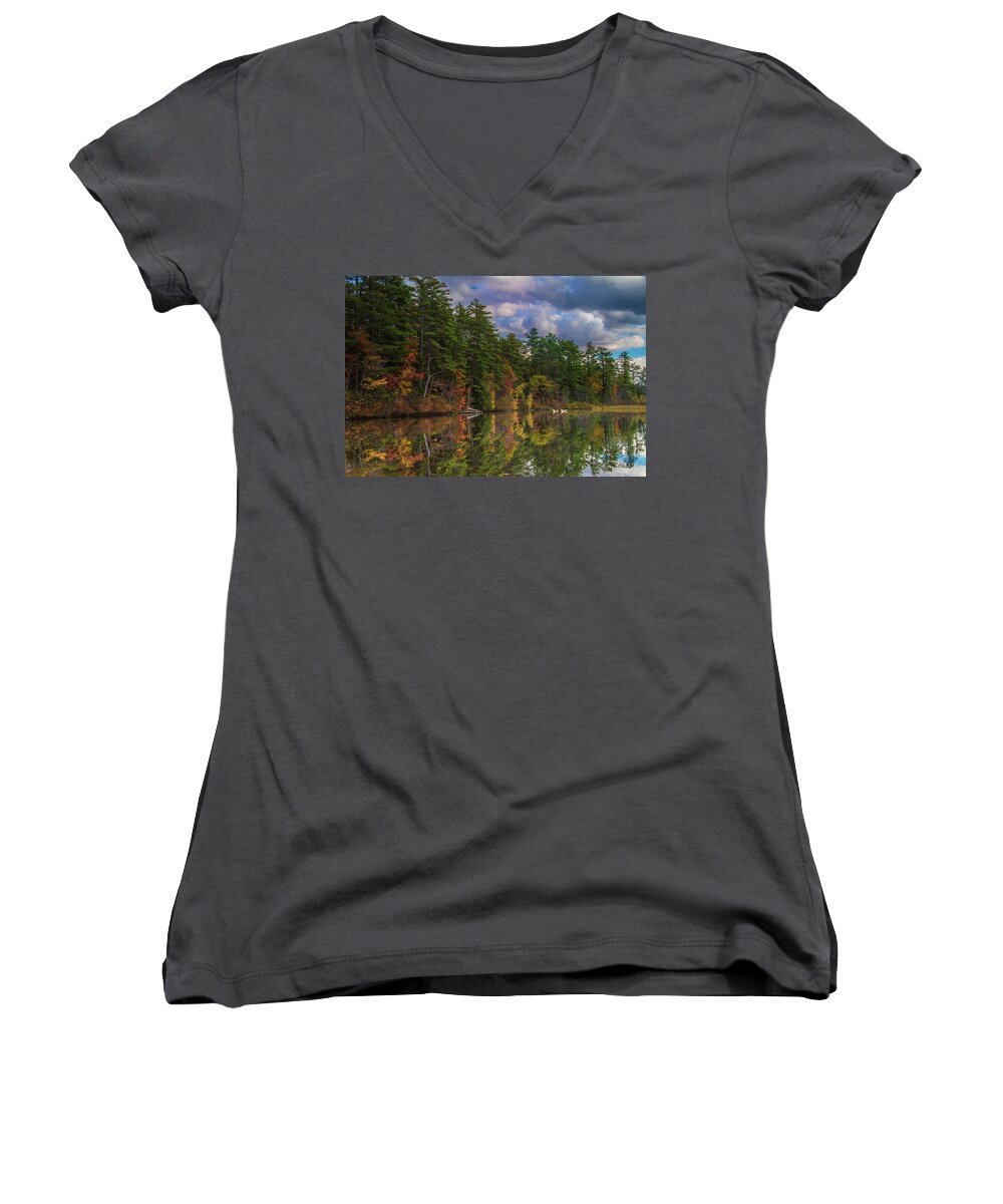 Songo Pond Women's V-Neck featuring the photograph Color at Songo Pond by Tim Kathka