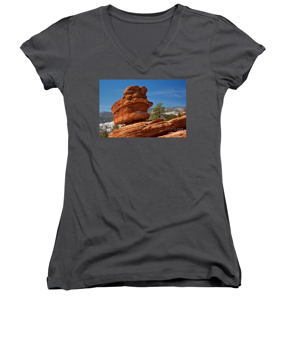 Balanced Rock Women's V-Neck featuring the photograph Colorado Springs Balanced Rock by Adam Jewell