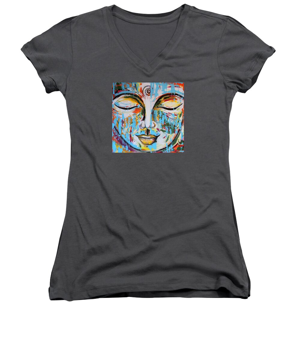 Colorful Women's V-Neck featuring the painting Colorful Buddha by Theresa Marie Johnson