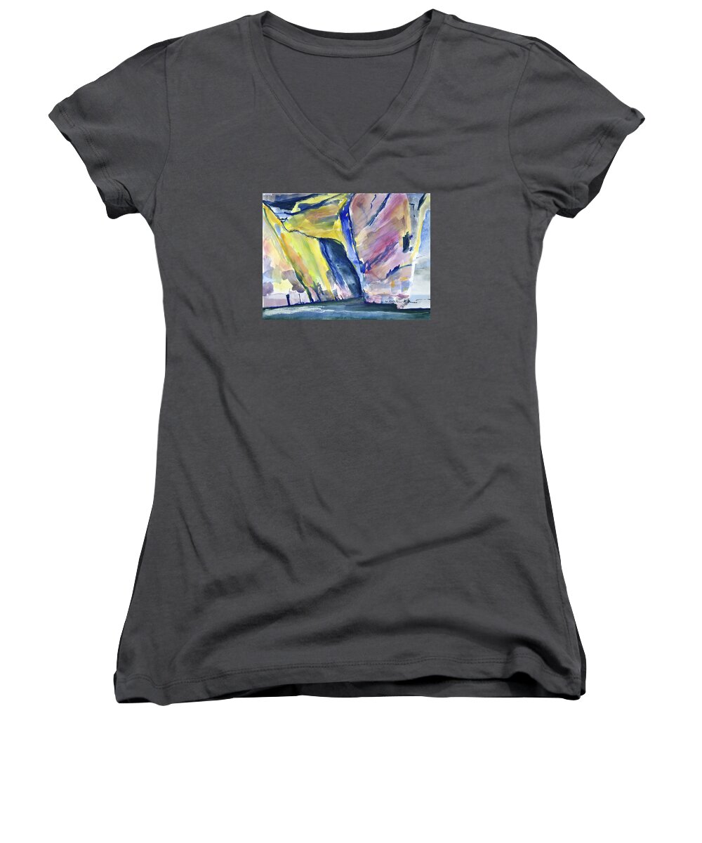  Women's V-Neck featuring the painting Colorful Cliffs and Cave by Kathleen Barnes