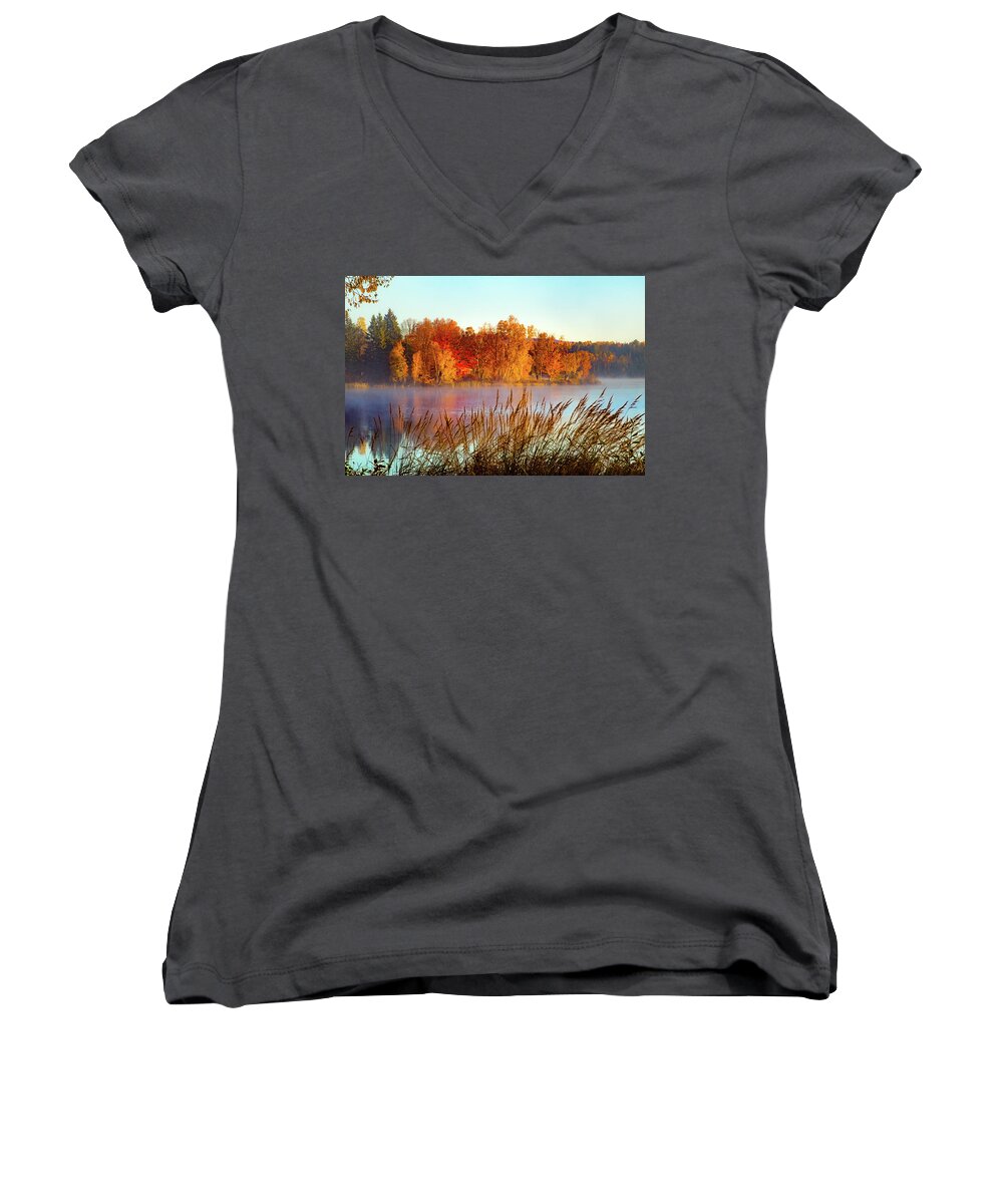 #jefffolger Women's V-Neck featuring the photograph Colorful dawn on Haley Pond by Jeff Folger