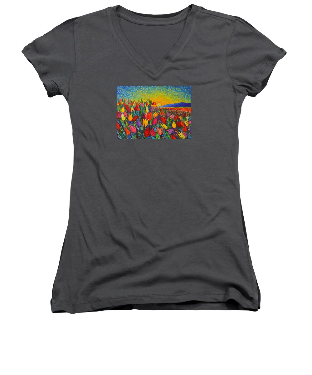 Tulip Women's V-Neck featuring the painting Colorful Tulips Field Sunrise - Abstract Impressionist Palette Knife Painting By Ana Maria Edulescu by Ana Maria Edulescu