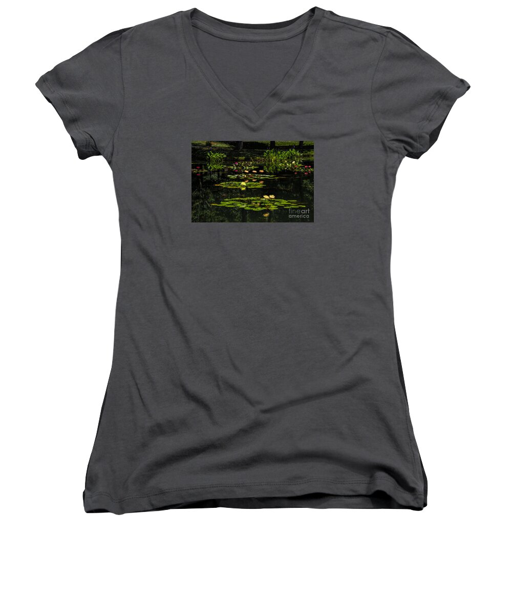 Waterlily Women's V-Neck featuring the photograph Colorful Waterlily Pond by Barbara Bowen