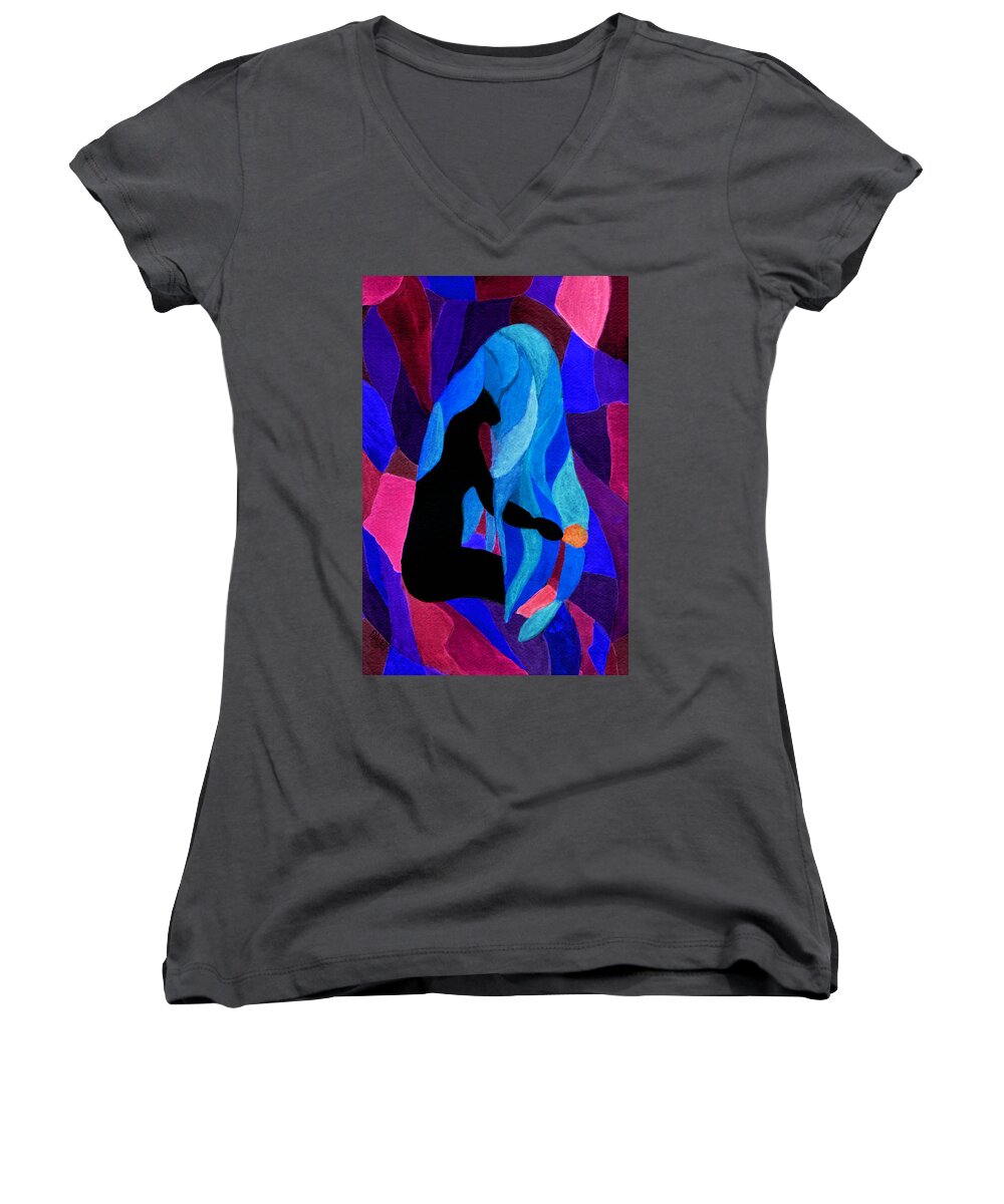 Female Women's V-Neck featuring the painting Combing the Waves Dark by Paula Ayers