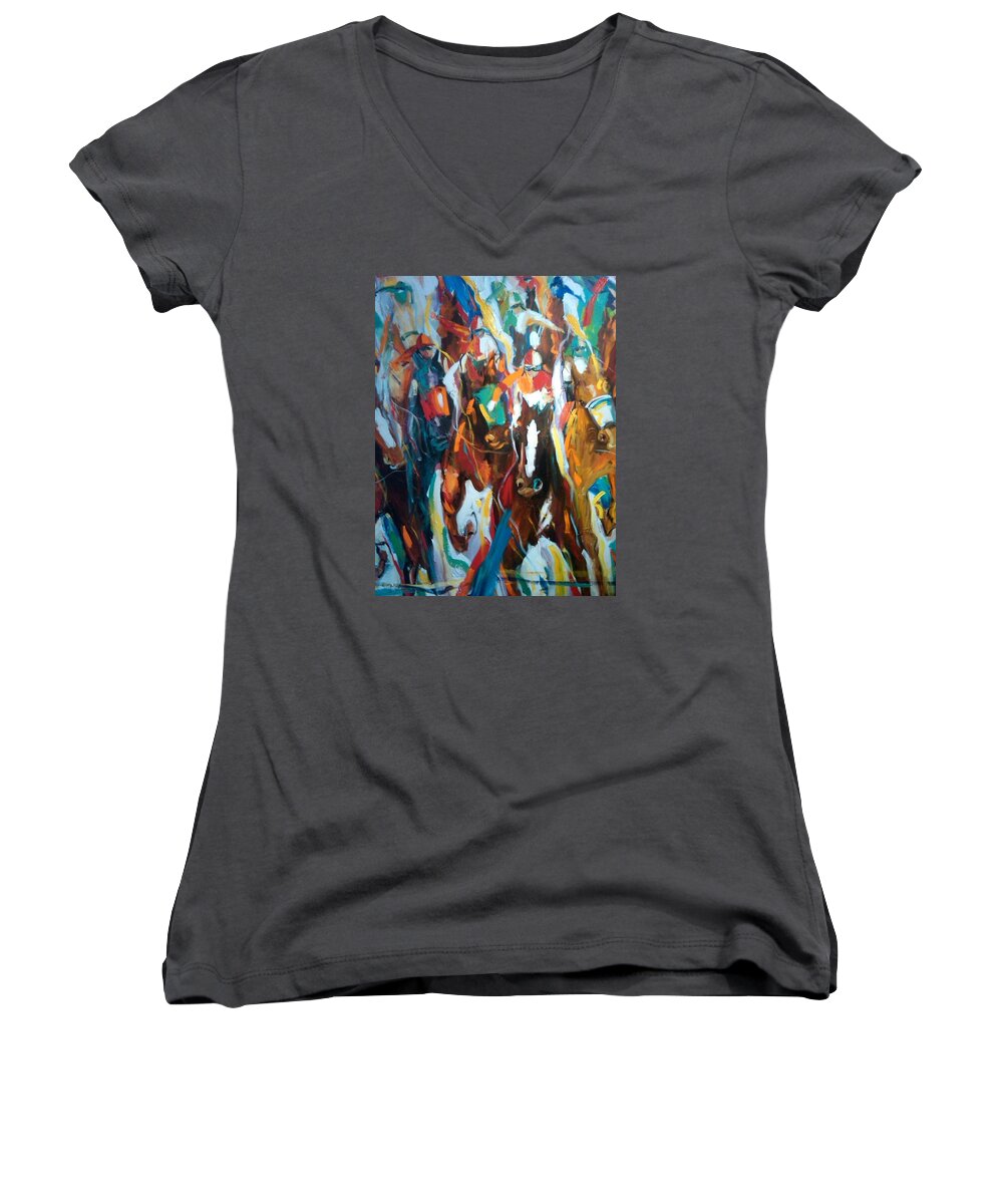 Race Track Women's V-Neck featuring the painting Coming up green by Heather Roddy