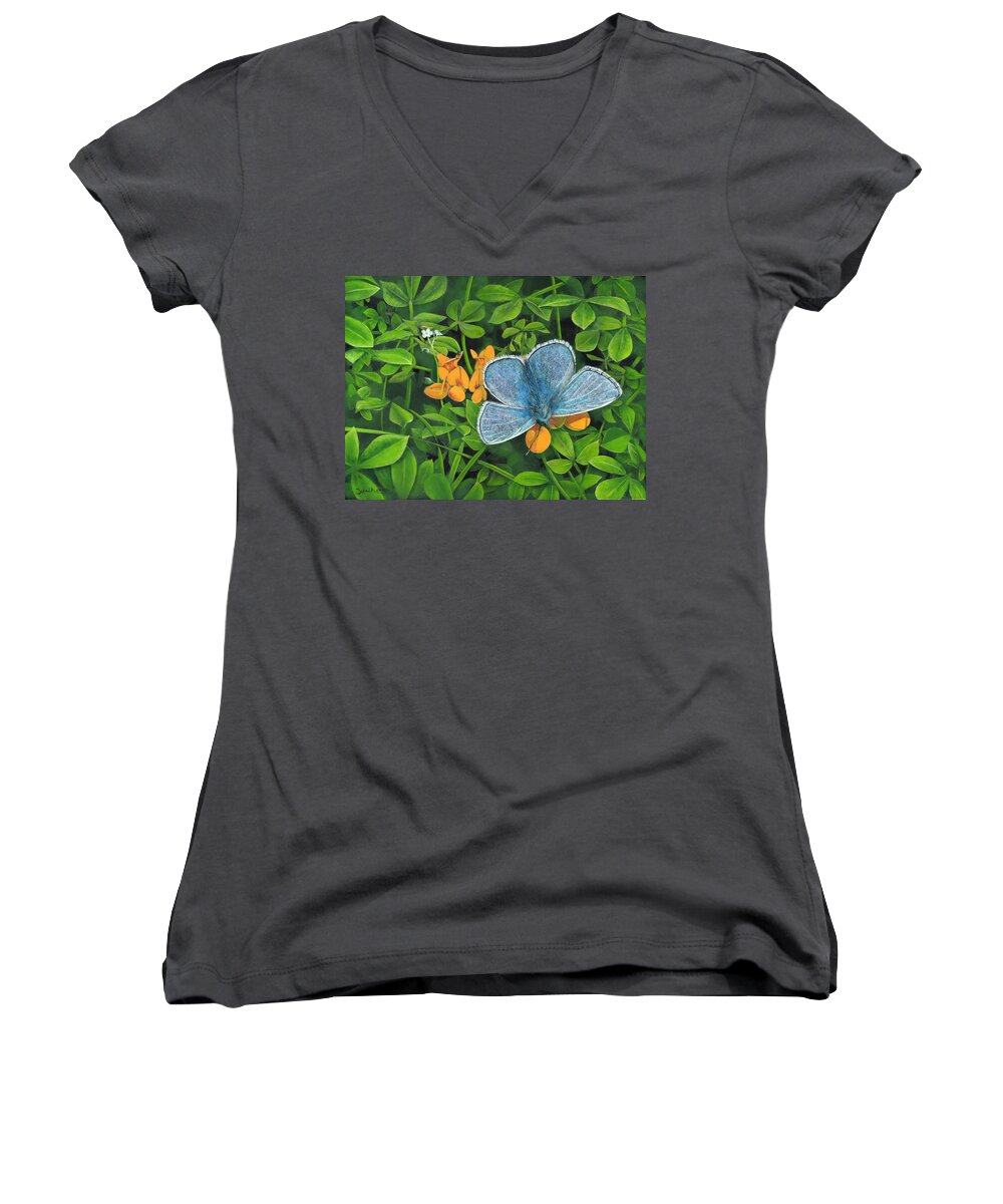 Common Blue Women's V-Neck featuring the painting Common Blue on Bird's-foot Trefoil by John Neeve
