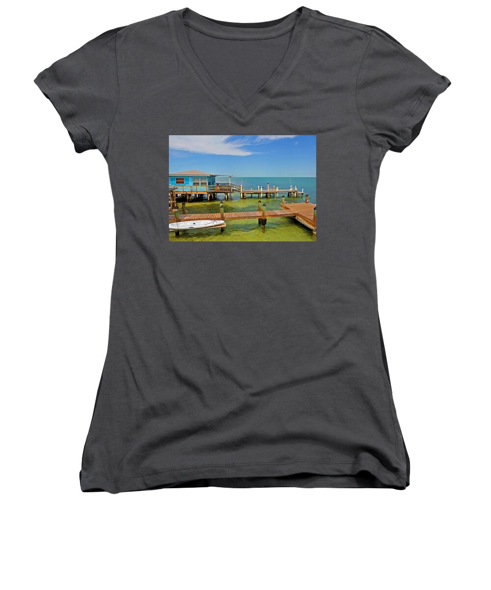 Florida Women's V-Neck featuring the photograph Conch Key Blue Cottage 3 by Ginger Wakem