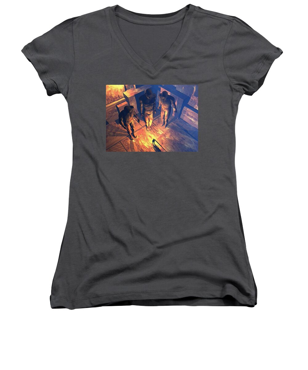 Confronted Women's V-Neck featuring the digital art Confronted By Malignant Forces by John Alexander