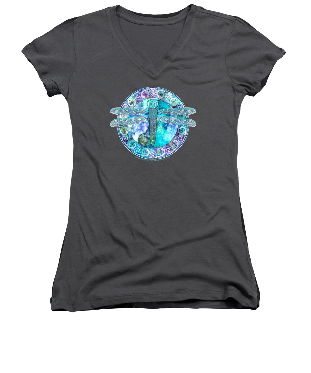 Artoffoxvox Women's V-Neck featuring the mixed media Cool Celtic Dragonfly by Kristen Fox