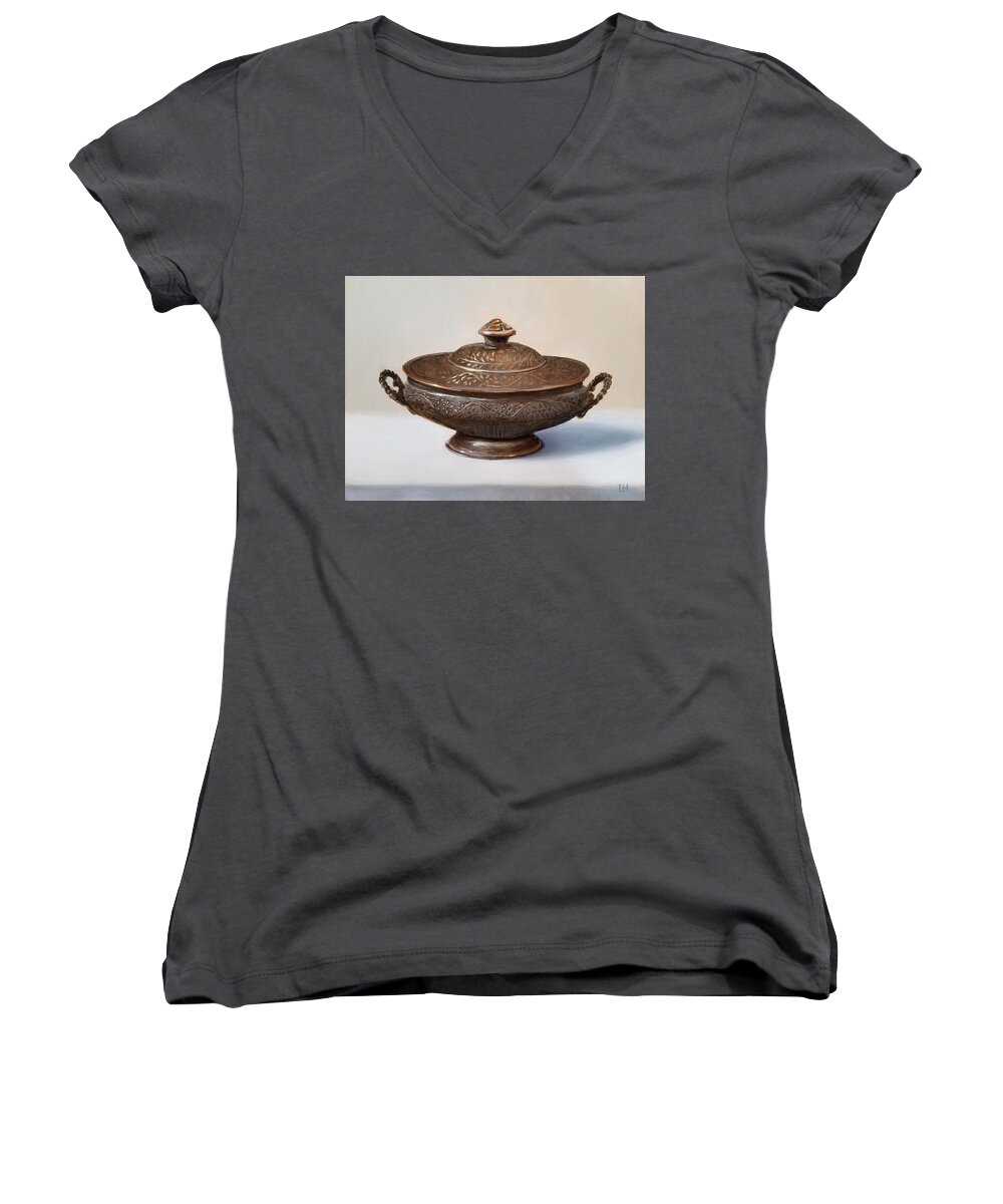 Oil Women's V-Neck featuring the painting Copper Vessel by Linda Merchant