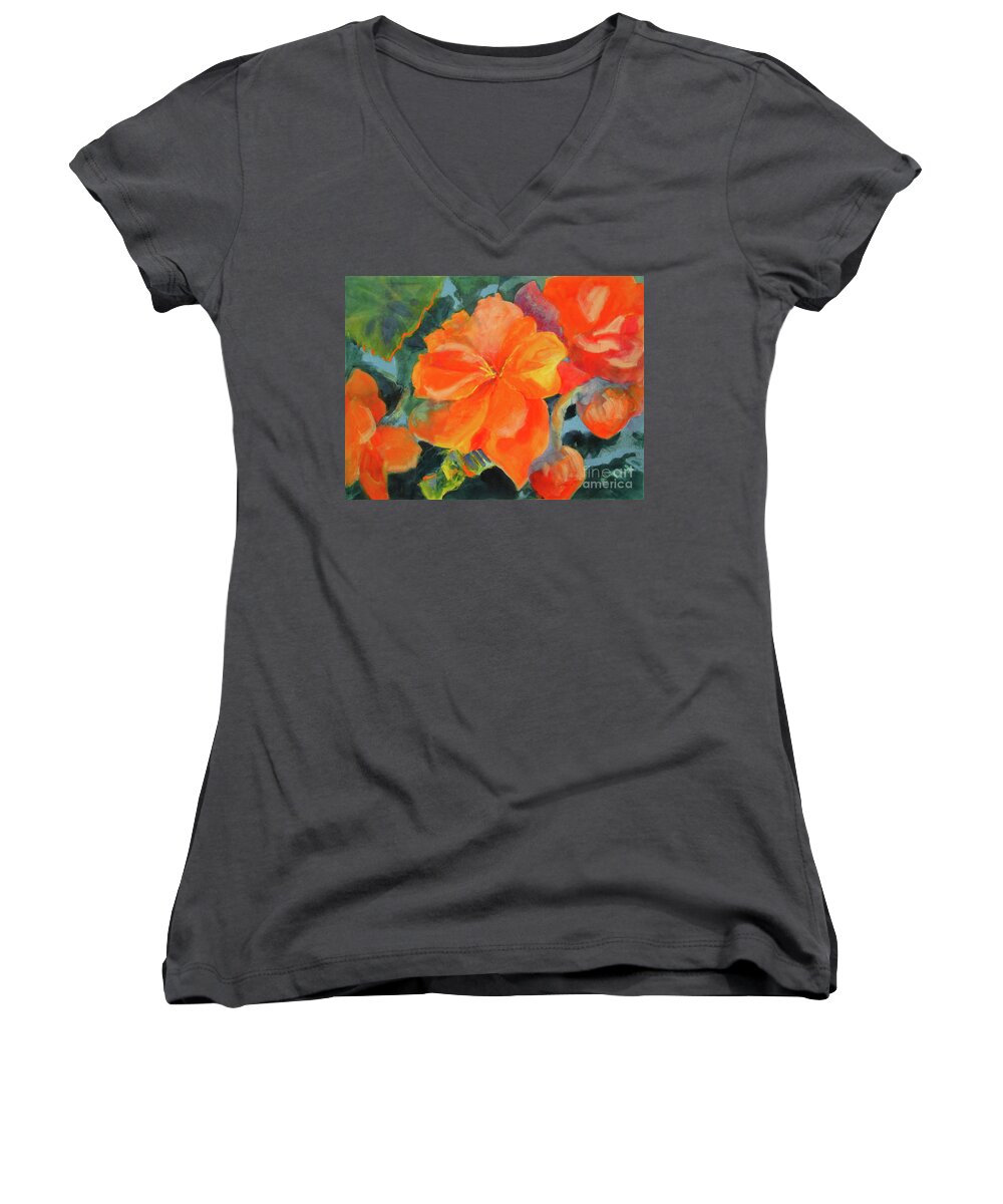 Painting Women's V-Neck featuring the painting Coral Begonias by Kathy Braud