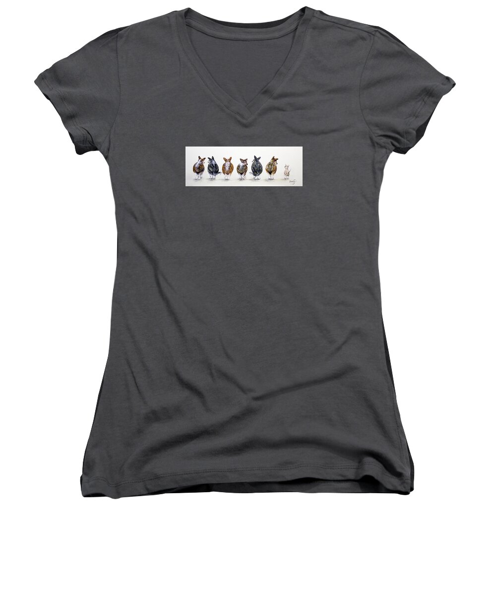  Women's V-Neck featuring the painting Corgi Butt Lineup with Chihuahua by Patricia Lintner