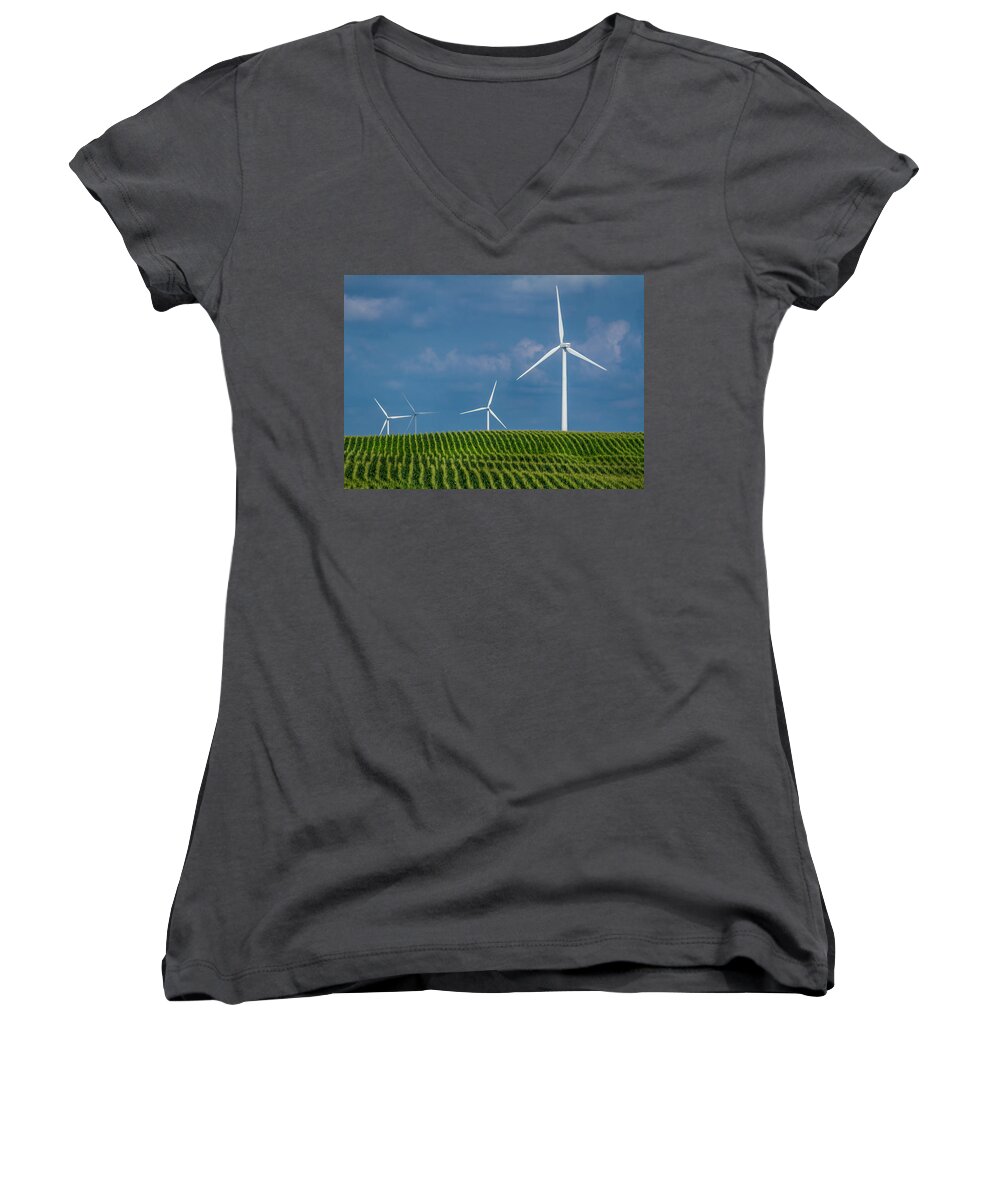 Alternative Energy Women's V-Neck featuring the photograph Corn Rows and Windmills by Ron Pate