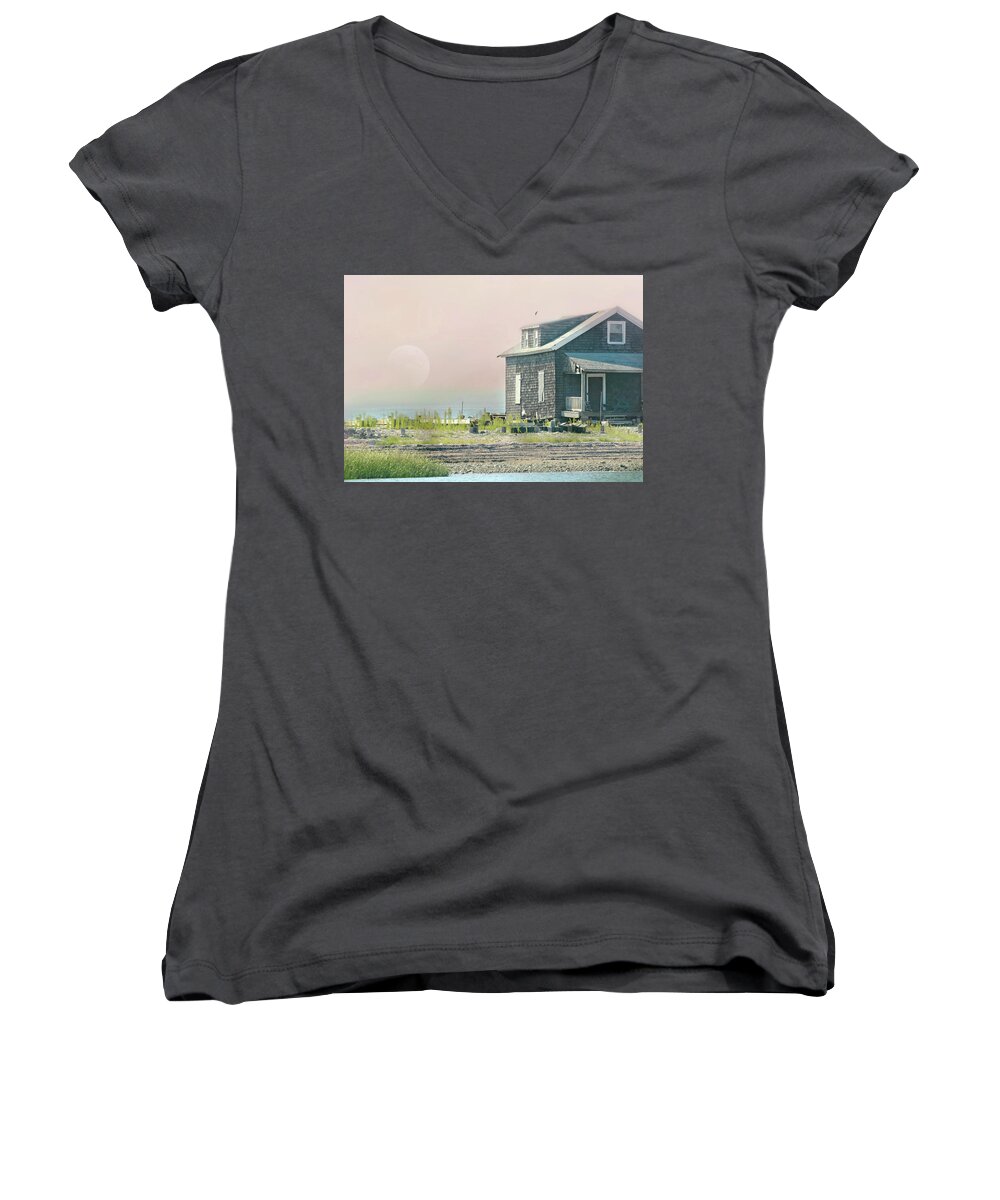 Island Home Women's V-Neck featuring the photograph Cottage on the Sound by Diana Angstadt