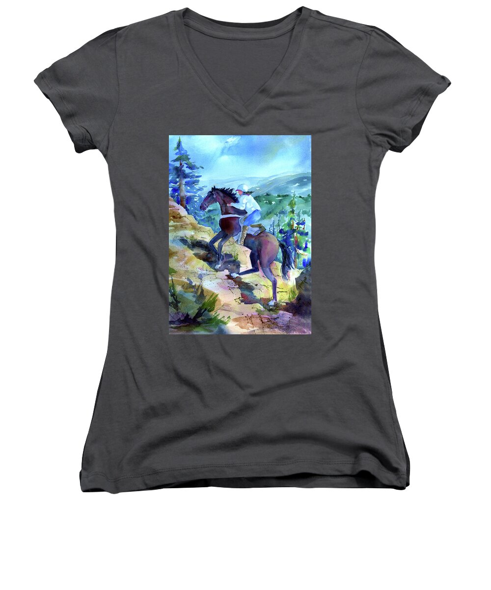 Cougar Rock Women's V-Neck featuring the painting Cougar Rock by Joan Chlarson