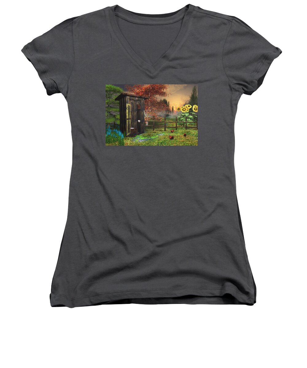 Outhouse Women's V-Neck featuring the digital art Country Outhouse by Mary Almond