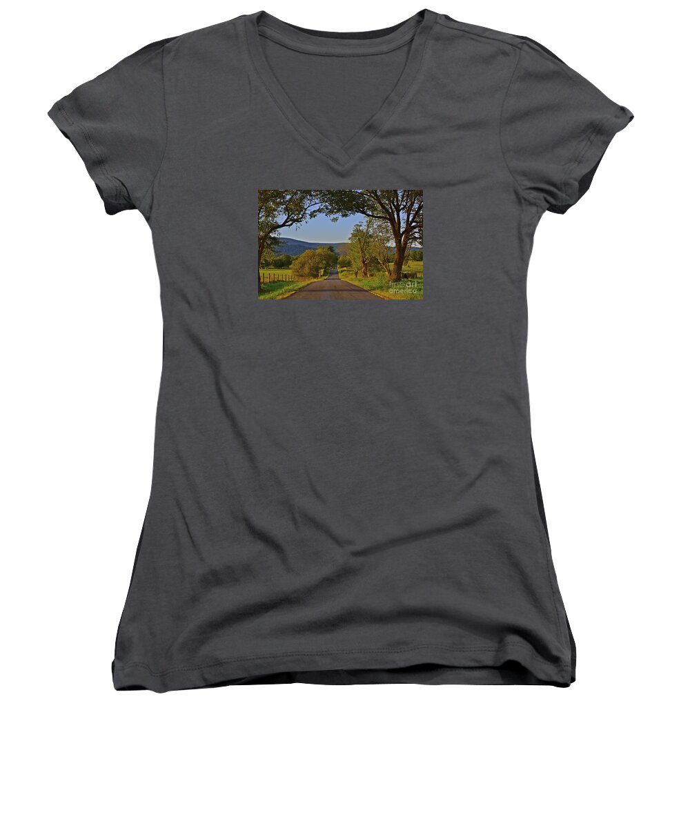Country Road Women's V-Neck featuring the photograph Country Roads by Tracy Rice Frame Of Mind