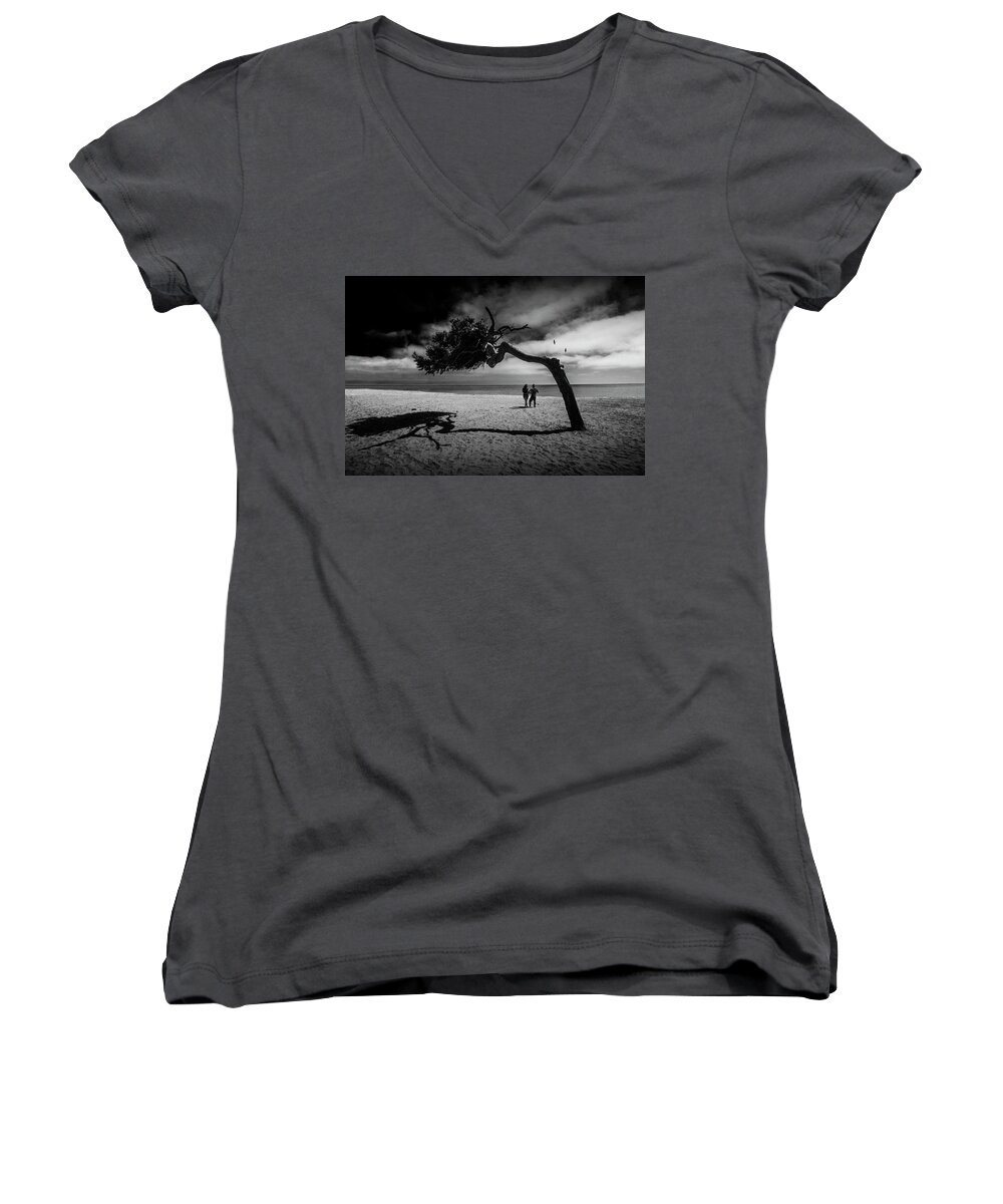 Tree Women's V-Neck featuring the photograph Couple on Cabrillo Beach by Los Angeles California by Randall Nyhof
