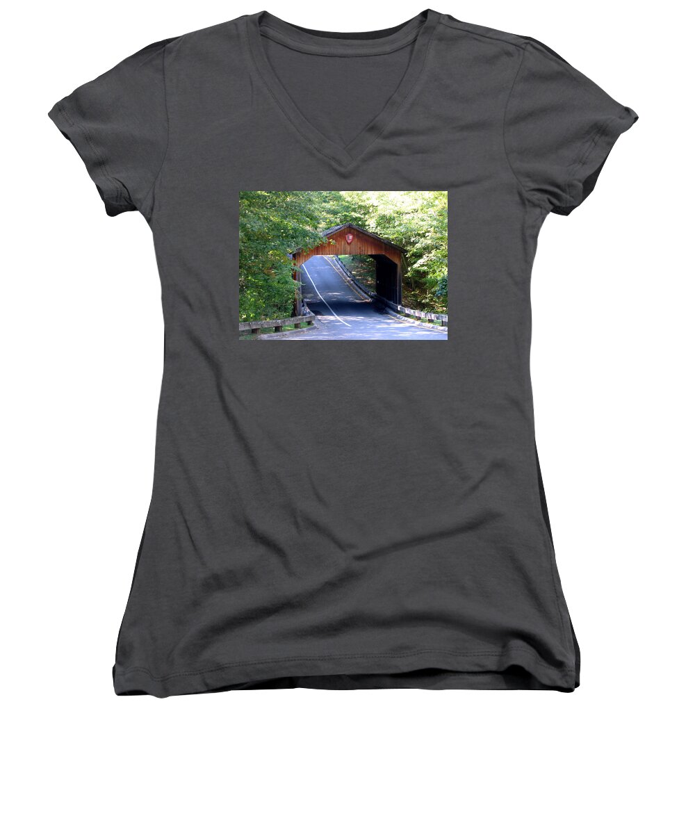 Covered Bridge Women's V-Neck featuring the photograph Covered Bridge by Laura Kinker