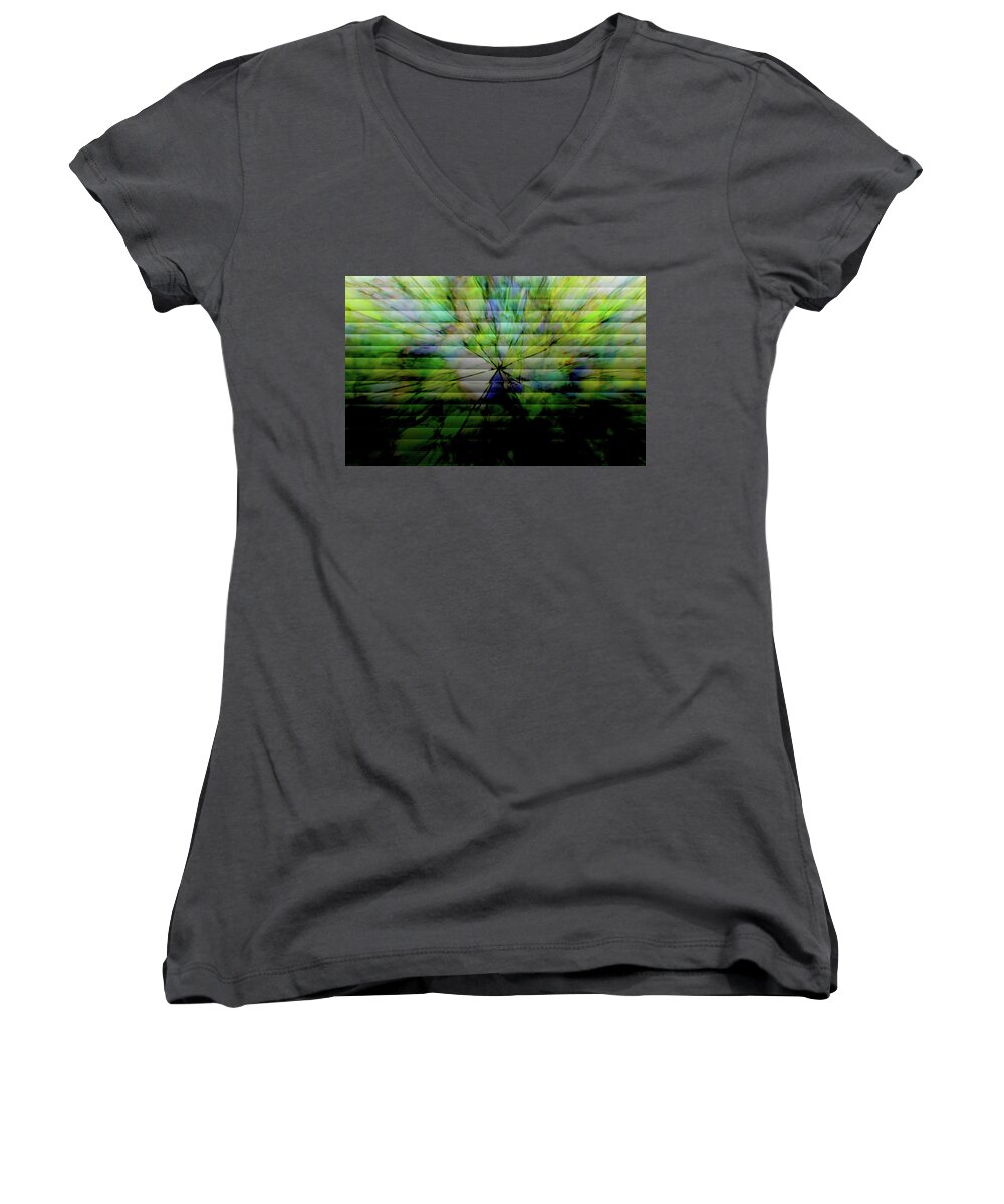 Abstract Women's V-Neck featuring the digital art Cracked Abstract Green by Carol Crisafi