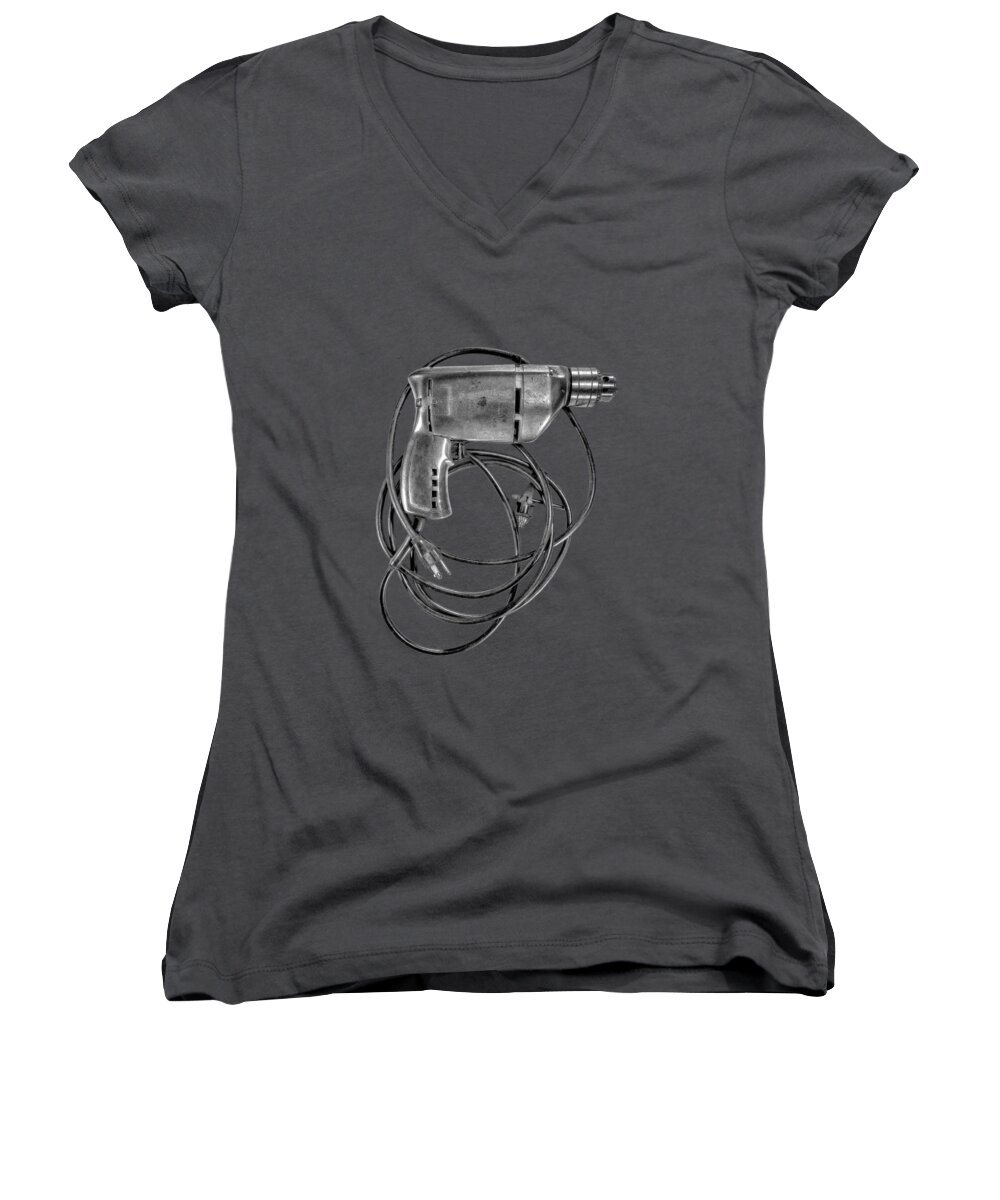 Antique Women's V-Neck featuring the photograph Craftsman Drill Motor BS BW by YoPedro