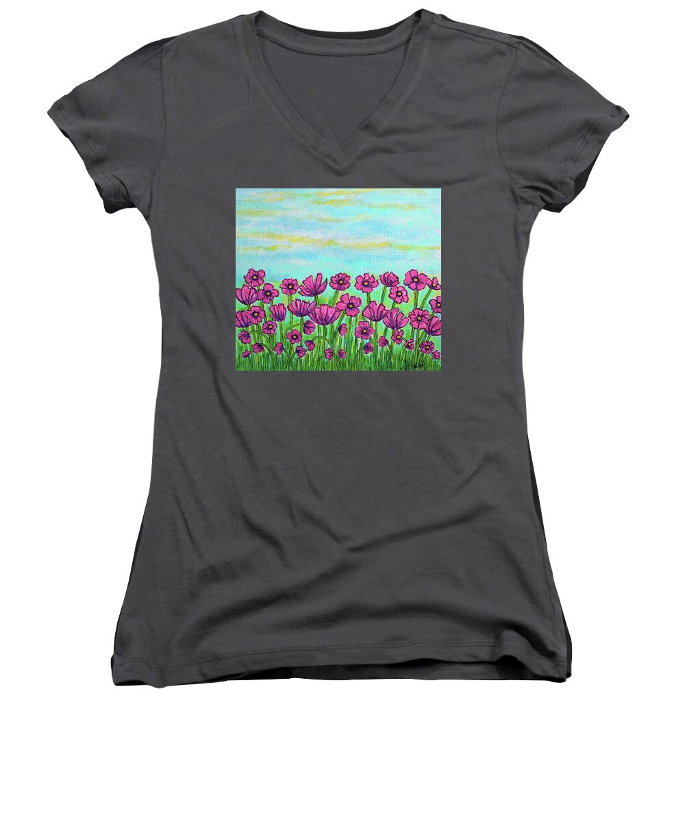 Cosmos Women's V-Neck featuring the painting Crazy for Cosmos by Lisa Lorenz