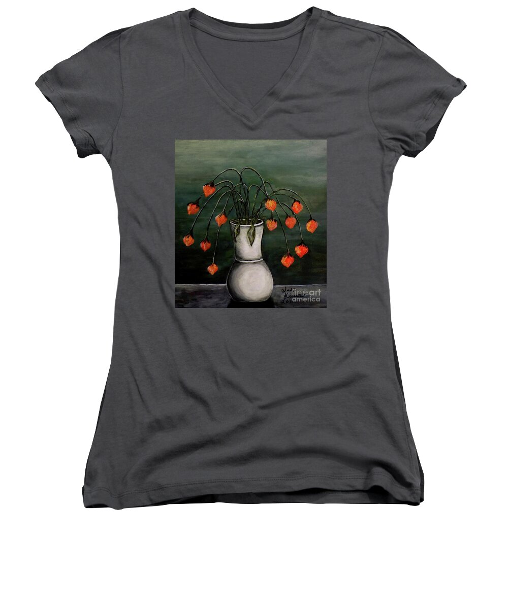 Flowers Women's V-Neck featuring the painting Crazy Red Flowers by Judy Kirouac