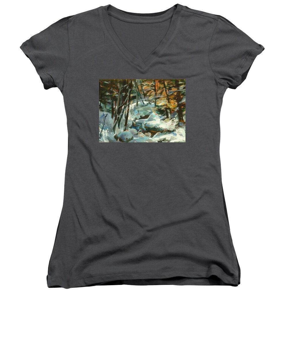 White Women's V-Neck featuring the painting Creek in the Cold by Claire Gagnon
