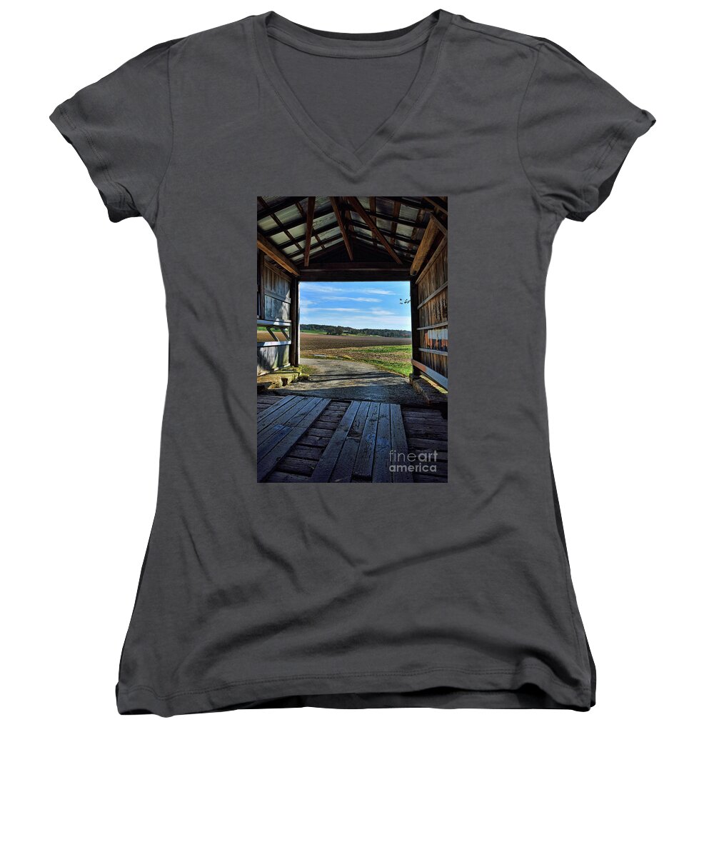 Crooks Women's V-Neck featuring the photograph Crooks Covered Bridge 2 by Joanne Coyle
