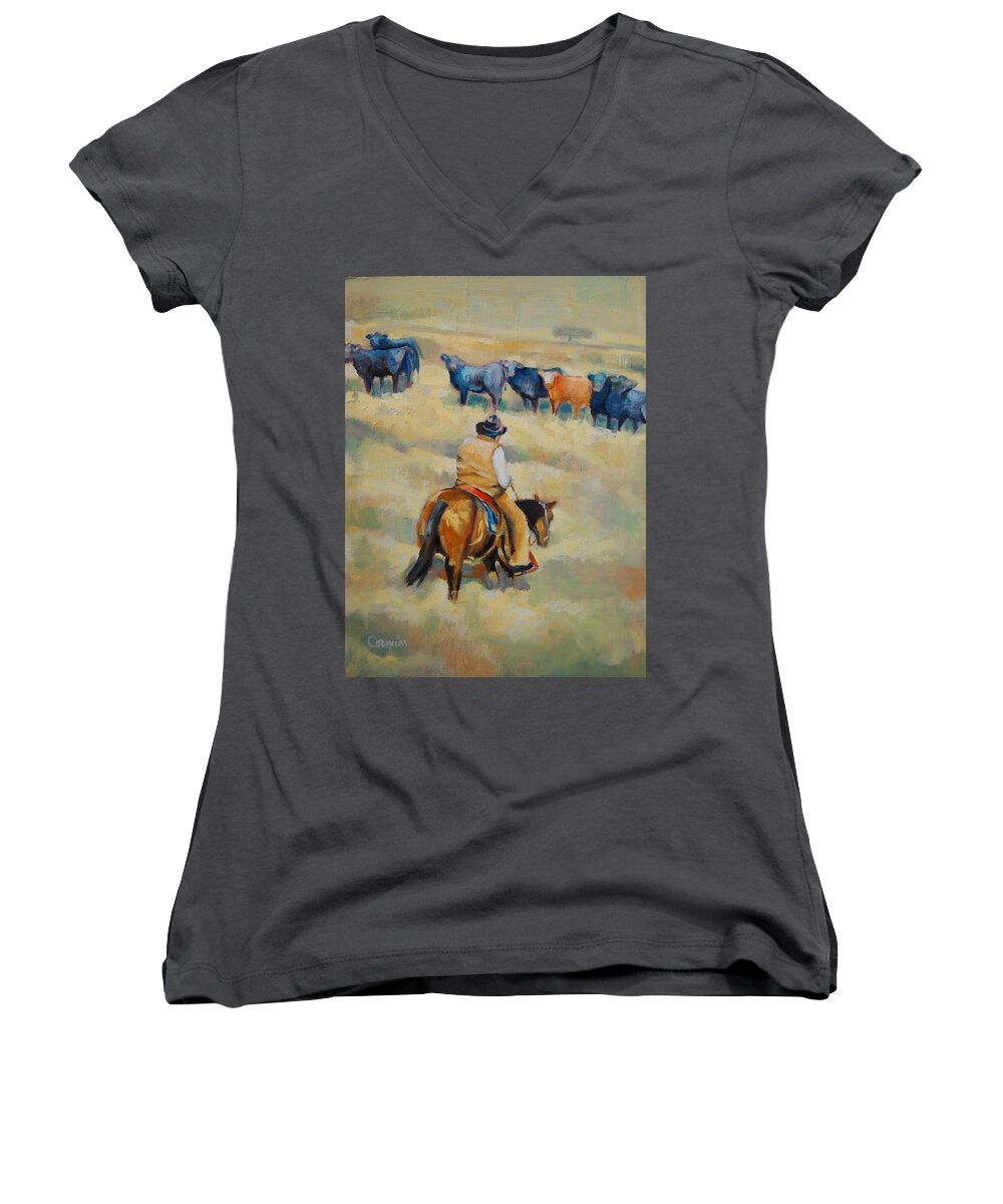 Cattle Women's V-Neck featuring the painting Crossing by Jean Cormier