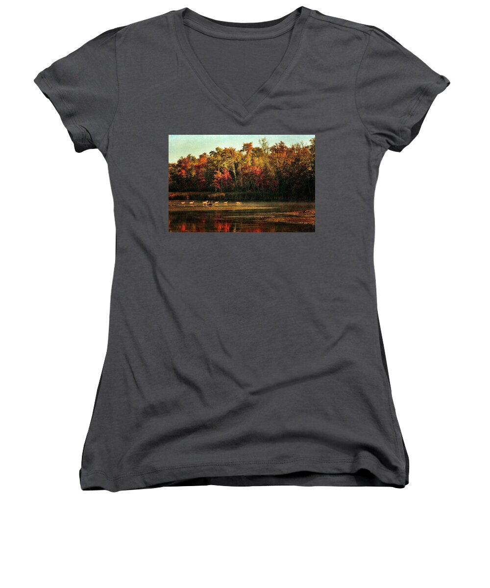 Cindi Ressler Women's V-Neck featuring the photograph Crossing The Lake by Cindi Ressler