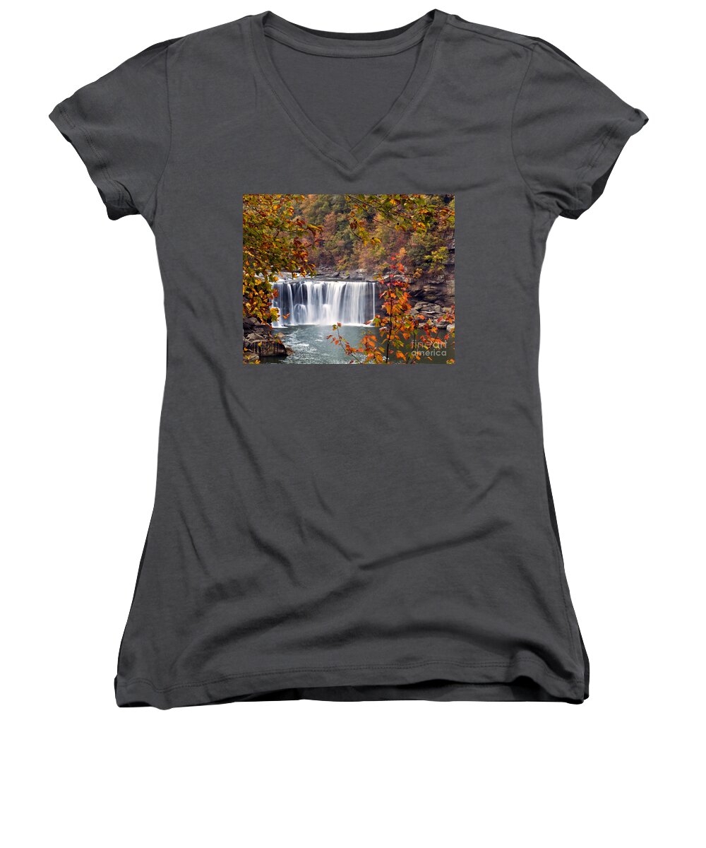 Waterfall Women's V-Neck featuring the photograph Cumberland Falls two by Ken Frischkorn