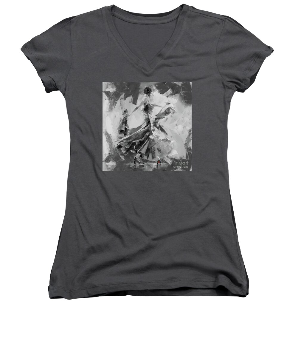 Jazz Women's V-Neck featuring the painting Dance Flamenco 01 by Gull G