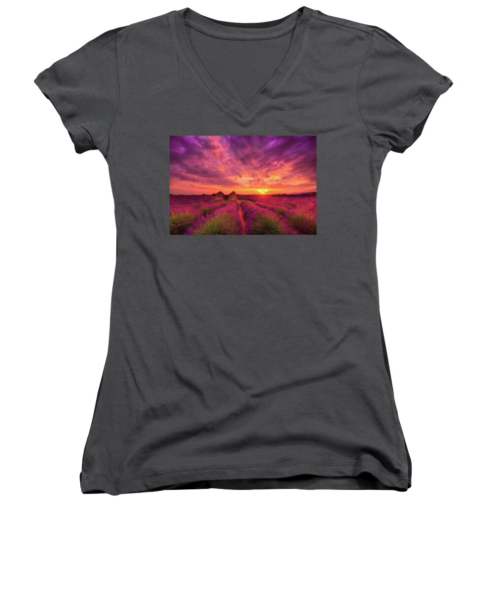 Sunset Women's V-Neck featuring the photograph Dance of passion by Midori Chan