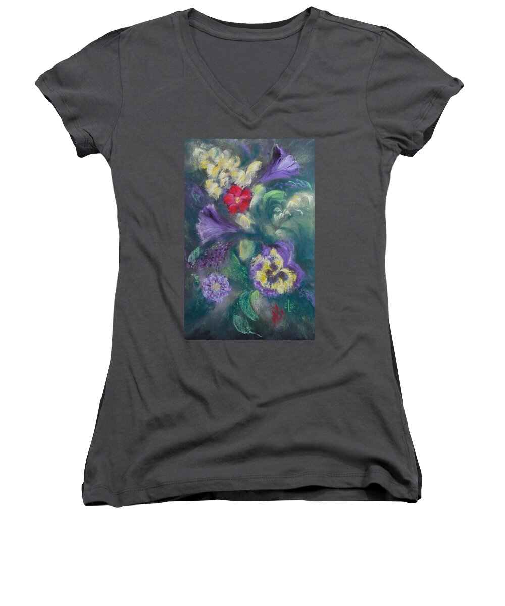 Flowers Pansies Snapdragons Women's V-Neck featuring the pastel Dance of the Flowers by Sandra Lee Scott