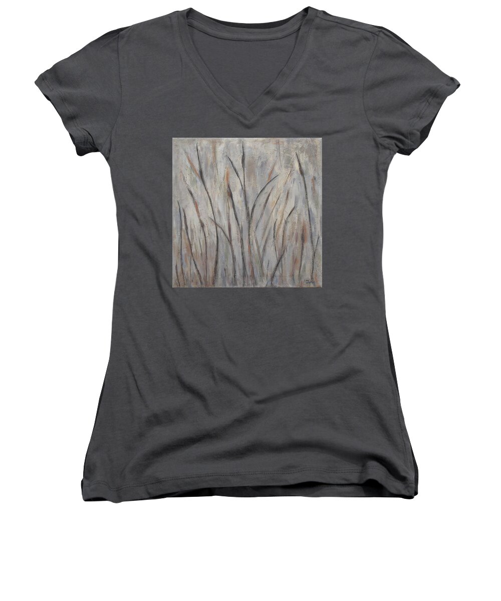 Landscape Women's V-Neck featuring the painting Dancing Cattails 2 by Trish Toro