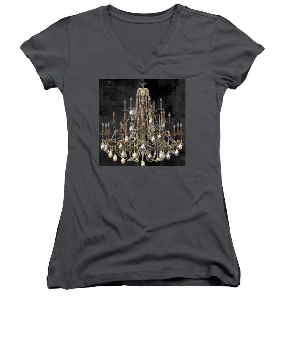 Chandelier Women's V-Neck featuring the painting Lit Chandelier by Mindy Sommers