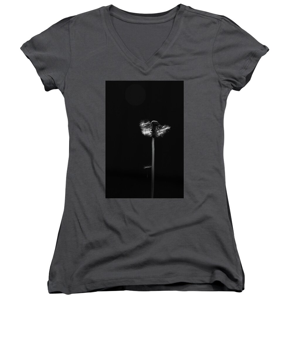 Black And White Photography Women's V-Neck featuring the photograph Dandelion Gone to Seed on Black by Brooke T Ryan